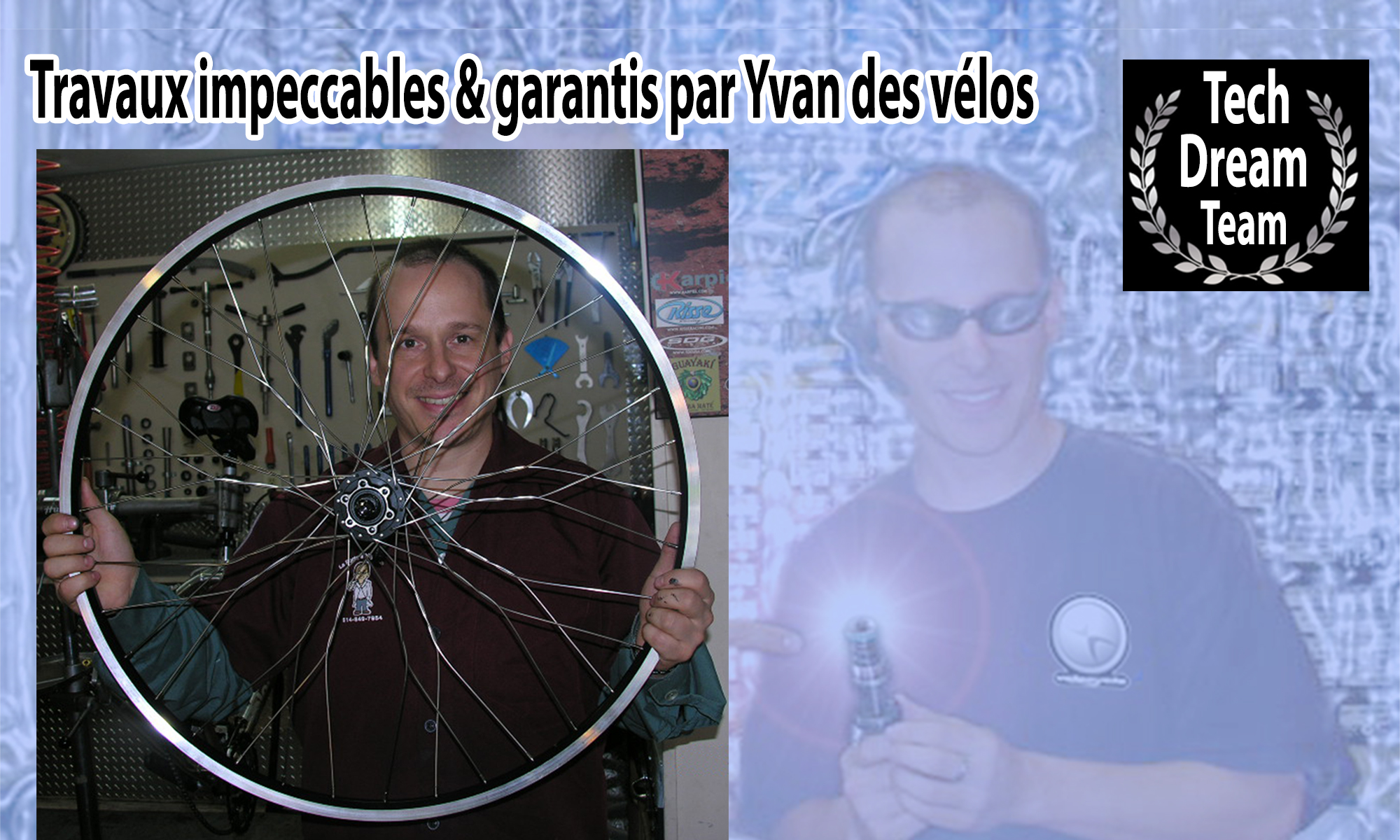 Entête du site laporteabicyclette.com avec Yvan des vélos tech dream team & une roue torsade 30e anniversaire